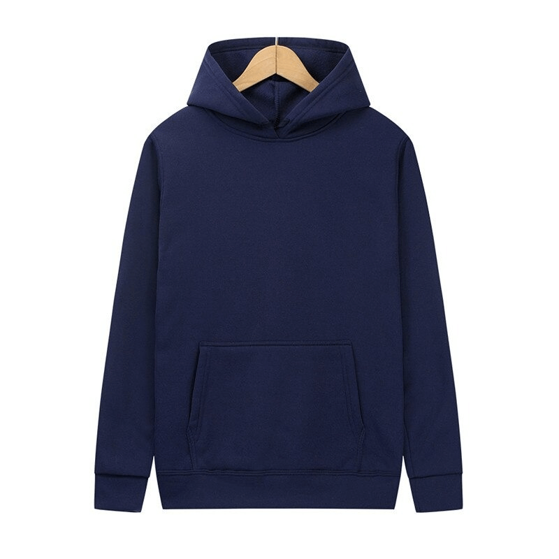 Navy blue women's hoodie sweatshirt with hood and front pocket, perfect for casual style. Polyester material for comfort and durability.